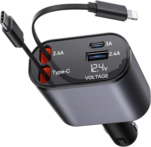 Image of 120W Fast Car Charger (2026 New Version) with 80CM Retractable Type-C Charging for 4 Devices - Universal Car Mobile Charger for All Smartphones & Tablets (Car Charger) (120W)
