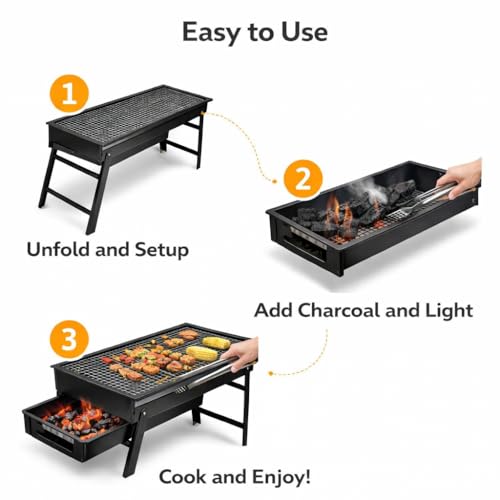 Image of Folding Portable Barbecue Grill Set for Outdoor Cooking | Stainless Steel Charcoal BBQ Grill for Camping, Picnic and Home Use | Compact Foldable Barbeque for Travel and Terrace