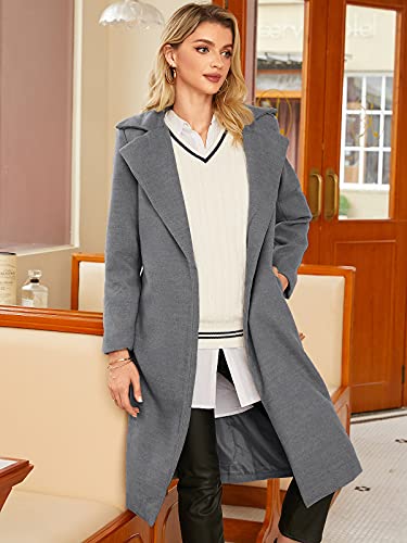 Auxo Women Trench Coat Long Sleeve Pea Coat Lapel Open Front Long Jacket Overcoat Outwear Cardigan Grey M #TOP3