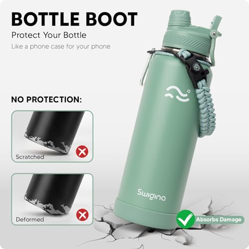 Image of Swigina [2-IN-1 LID] Insulated Water Bottle with Silicone Boot (36hrs Cold /18hrs Hot) - DIY Stickers, Leakproof, BPA Free, 40 oz