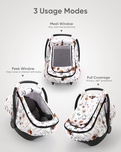Image of Car Seat Cover Baby Girls, Infant Car Seat Canopy Outdoor, 2 Layers with Mesh and Sun Shade Window for Summer Winter, Easy Access Carseat Covers Snug Fit Baby Stroller - Brown Wildflower