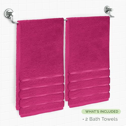 Image of Elegant Comfort 100% Turkish Cotton 4 Lines Viscose Stripe Luxury 2 Pack Bath Towel Set 27 x 54 Inch - Super Soft and Highly Absorbent Premium Hotel Spa Quality Towels for Bathroom Use, Hot Pink