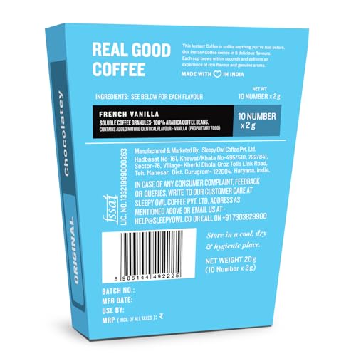 Image of Sleepy Owl French Vanilla Freeze Dried Coffee Sachets | 20g - Pack of 10 x 2g Instant Coffee Powder Sachets | 100% Arabica Beans | Aromatic Coffee Pouch | Rich & Smooth | Easy to Use & Carry