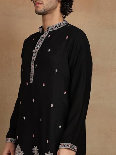 Image of Amazon Brand - Tavasya Men Printed Kurta with Ethnic Motif Border | Special Haldi Kurta | Festive Embellished Long Kurta | Embroidery Kurta | Ethnic Wear | Mandarin Collar | Knee Length
