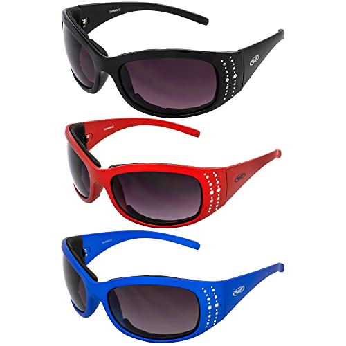Global Vision 3 Pairs of Marilyn-2 Plus Women's Motorcycle Sunglasses Bling Black Red & Blue Frames with Smoke Lenses