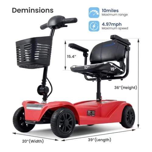 WayCare 15-25 Miles Long Range Mobility Scooter,Weight Capacity 300 LBS+ Powered Mobility Scooters for Seniors, Compact Duty Mobile for Travel with LED Headlight and Detachable Basket(Red)