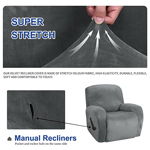 XINEAGE 4 Pieces Velvet Recliner Slipcover Stretch Recliner Chair Cover with Side Pocket Anti-Slip Fitted Recliner Cover Couch Furniture Protector with Elastic Bottom (Recliner - Image 4