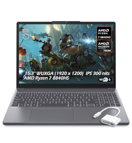 Image of Lenovo IdeaPad Slim 3 15.3 inch WUXGA Touchscreen Laptop, AMD Ryzen 7 8840HS Processor, 24GB DDR5 RAM, 2TB PCIe SSD, Full HD Webcam, Wi-Fi 6, Bluetooth, Windows 11, Luna Grey, w /USB Hub, W /GaLiMu