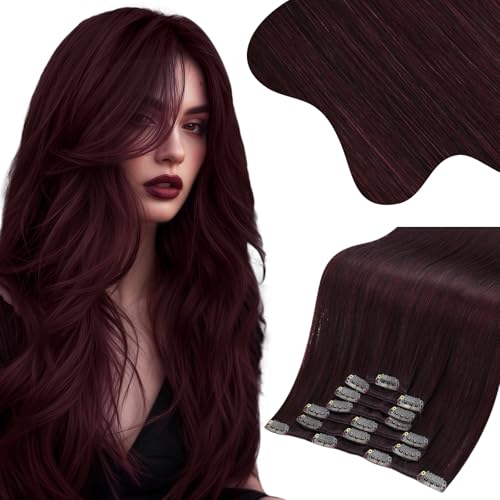 Image of Moresoo Human Hair Clip in Extensions Dark Red Remy Clip in Human Hair Extensions Burgundy Hair Extensions Real Human Hair Clip ins Double Weft Red Wine #99J 7pcs 150g 24inch