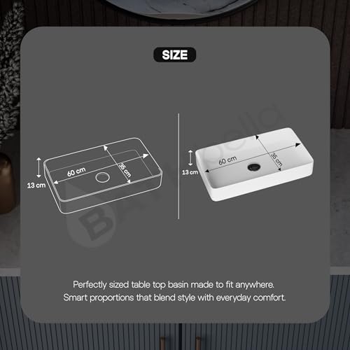 Image of Table Top Ceramic Wash Basin For Bathroom | Rectangular Counter Top Bathroom Sink, Premium Glossy White Above Counter Vanity Basin, Modern Design (24 x 14 x 5 Inch)