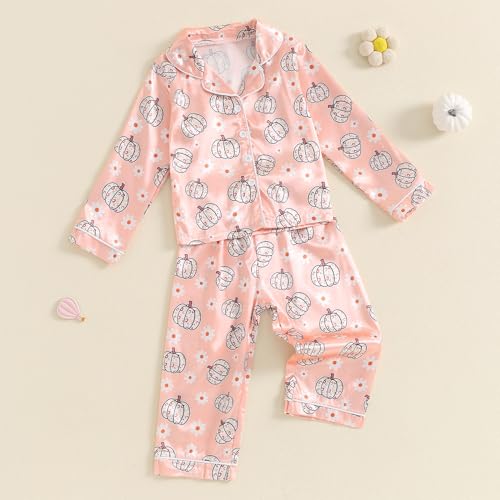 Kayotuas Halloween Pajamas Toddler Girl Pumpkin Ghost Pajama Set Long Sleeve Button Down Shirt Pants Fall 2 Piece Satin Pjs3