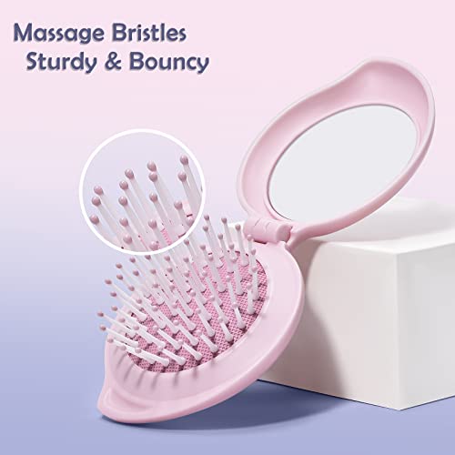 Arthaxi Mini Hair Brush For Purse, Pocket Hair Brush With Mirror For Girls, Small Portable Mirror With Brush Travel Size, Folding Hairbrush For Backpack, Pink #TOP2