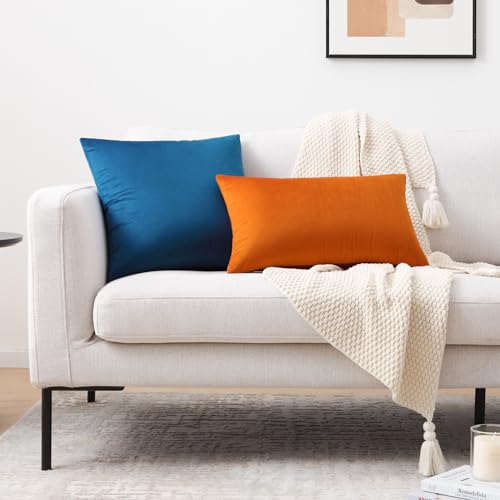 Image of Mixhug Decorative Throw Pillow Covers, Velvet Cushion Covers, Solid Throw Pillow Cases for Couch and Bed, Blue, 16 x 16 Inches, Set of 2