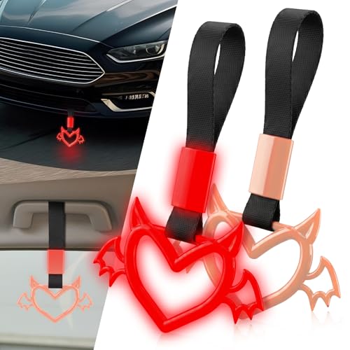 Image of 2 Pcs Devil Heart Shaped Car Handle Strap - JD M Drift Charm Rear Bumper Warning Ring Decor for Car Interior Exterior, Subway Bus Handle Accessory, Cute Heart Car Decor Gift (Luminous Red-Wing)