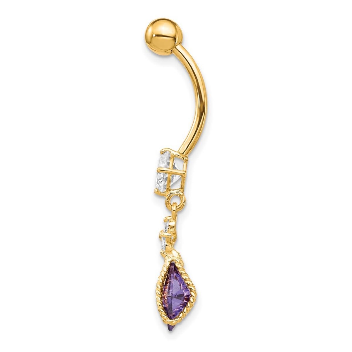 Bauchnabelring aus 10 Karat Gelbgold, strukturiert, poliert, offener Rücken, Schraubverschluss, 6 mm, Zirkonia, künstlicher Diamant, Schmuck für Frauen – Höhere Goldqualität als 9 Karat Gold