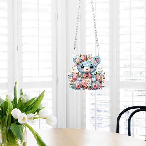 Image of DIY 5D Diamond Painting Hanging Kit Blue Bear Doll Pattern, Sparkling Diamond Art Kit for Adults, Diamond Art Pendant Ornament Craft for Wall, Door, Home and Garden Decor