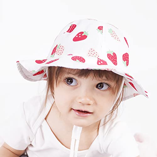Juenier Baby Sun Protection Hat Wide Brim Summer Bucket Hats Toddler Beach Hat For Boy Girl Adjustable Kid Cap(White Strawberry,L:2T-4T(52Cm /20.5")) #TOP4