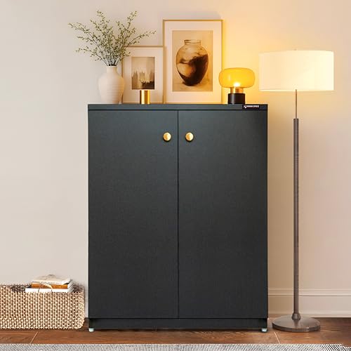 Image of Wooden Shoe Rack with Doors | Compact Shoe Cabinet for Home Entryway & Living Room | Closed Footwear Storage Organizer with Adjustable Shelves | (76 x 60 x 32 cm) (DARK WENGE, 4 Shelves) DIY