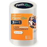 OFITURIA PlasticLess Transparentes Packband 36mm x 66m, Acryl, starke Haftung – 25% weniger Kunststoff, 100% recycelter Kern, für Kartons, Versand & Umzug (3 Rolle)
