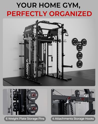 Image of Mikolo Smith Machine with Weight Stack, Power Cage Home Gym System with LAT Pulldown & Cable Crossover, Multi-Functional Trainer with Dual Pulley System, Includes 10+ Free Attachments