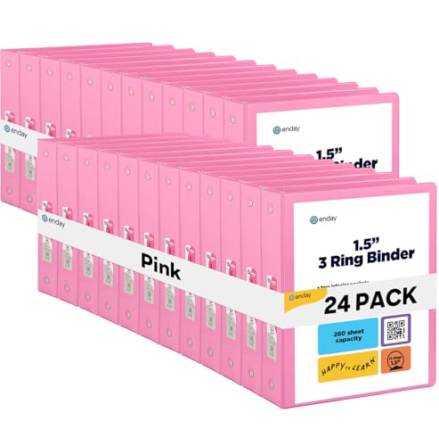 Enday 1.5 Inch Binder (24 Pack - Pink) 3 Ring Binder 1.5 inch with Clear View Cover and 2 Inside Pocket - for Letter Size 8.5 x 11'' Paper, Ideal for School Supplies, Office, and Home