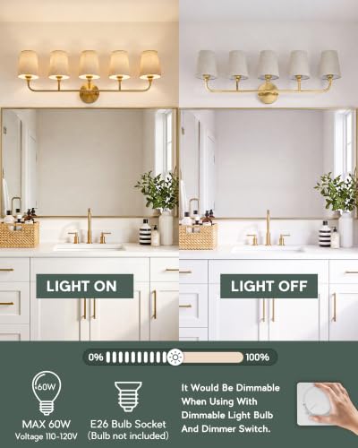 Image of 5-Light Brushed Gold Bathroom Vanity Light, Brown Linen Fabric Shade | 35 Inch gold bathroom light fixture over mirror, UL listed, E26 bulbs, hardwired, upward only, VL837-BG-L-5