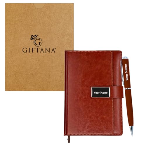 Image of Giftana Personalized Notebook Diary with Pen Gift Set for Men and Women, 2 in 1 Customized Office Diaries A5 Size Notebook, Diwali Gifts, Personalised New Year Corporate Gifts for Employees (Brown 2)