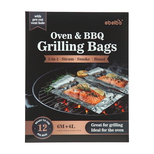 ebelbo Upgrade Grill Bags with Pre Cut Vent Hole Family Pack Aluminum Foil Portable Disposable BBQ Bags for Roasting Grilling Cooking Steaming and Smoking - Size 11.8x8 & 15.5x10 12 Count - 1 Pack