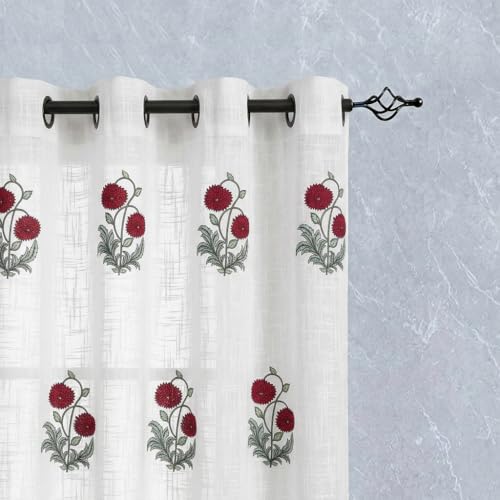 Image of LINENWALAS Decorative Cotton Linen Sheer Curtains 7.5 Feet Long for Door Block Printed Floral Door Curtain |Grommet Hanging Style Pack of 2 Panels |Light Filtering Sheer Drapes (Rubby Flora, 7.5 Feet)