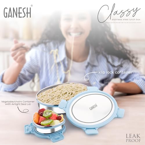 Image of Ganesh Classy Stainless Steel Lunch Box Container with Airtight Lid for Office & School Use /Food Grade /Air Tight /Easy to Carry /Leak Proof (800ml +150ml) Blue