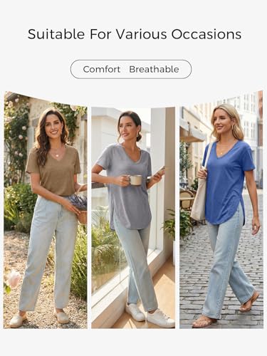 Image of Womens Deep V Neck T Shirts Oversized Side Split Summer Sexy Tunic Tops