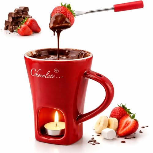 Fondue Mug Set for Chocolate Ceramic Melting Cups Tealight Mini Fondue Pot Kit with Fork & Candle Candy warmer Perfect Gift for Date Nights Valentines Birthday Wedding Gift Dessert lovers (1 Red)