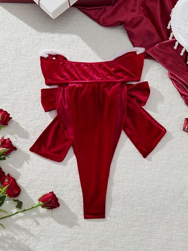 SheerSensation Conjunto de lingerie de Natal sexy com nó frontal aberto em veludo vermelho Papai Noe