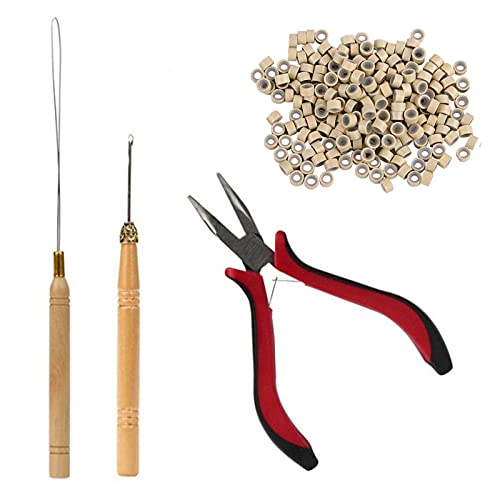 Fannace Hair Extension Kit Pliers Pulling Hook Bead Device Tool Kits and 500 PCS Black Silicone Lined Micro Rings Bead Tool Kits for Professional Hair Styling Tools Accessoryï¼ˆBeigeï¼‰