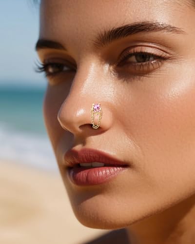 Nose Rings Corkscrew for Women Nose Piercings 20G Surgical Stainless Steel Gold Plated Nose Studs Pink Red CZ Heart Butterfly Flower Cherry Bow Moon Dangle Nose Piercing Jewelry3