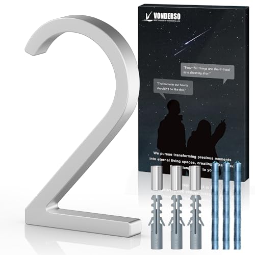 VONDERSO 5 Inch Floating House Numbers and Letters for Outside,Silver Metal Modern Outdoor Address Sign for Yard Street and Mailbox, Zinc Alloy Solid Address Numbers and Letters,number 2