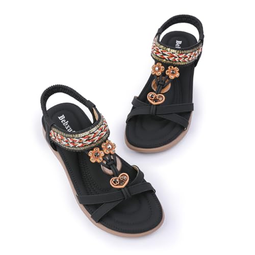 Bebxufa Women Flat Sandals Arch Support Boho Braided Sandals Comfort Walking Beach Ankle Elastic Summer Shoes Black 7.5