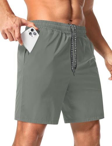 Aolesy Pantalones cortos deportivos para hombre, de secado rápido, para gimnasio, correr, con bolsillos con cremallera, pantalones cortos de entrenamiento ligeros, Gris, verde, Large