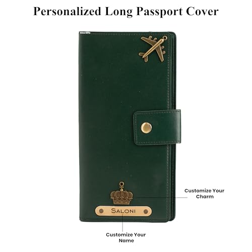Image of AICA Personalized Name & Charm Long Leather Wallet Passport Cover (Dark Green) with Boarding Pass Currency Card Slot & Coin Holder for Men & Women | Travel Office Trip Gifts for Men Women Friends