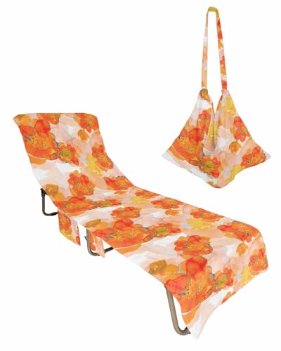 Abstract Floral Beach Chair Towel Covers for Chaise Lounge with Side Pocket, Soft Plush Pool Towels Cover for Patio Sunbathing Outdoor 29''x85'' Botanical Orange Ink Watercolor Plant