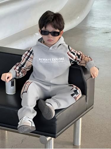 Image of OLMRJKD Toddler Baby Boy Clothes Plaid Long Sleeve Hoodie Sweatshirt + Pants 2pcs Boys Outfit Set