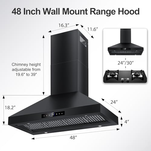 Image of 48 inch Range Hood Wall Mount, 1500 CFM with 4-Speed Gesture Sensing & Touch Control, Stainless Steel Ducted Kitchen Stove Vent Hoods with 4 LED Lights, Time Setting, Dishwasher-Safe Baffle Filters