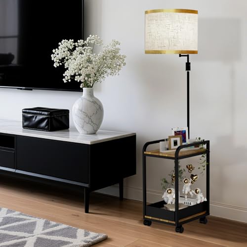 Image of Lightdot 63IN Floor Lamps withTable&Basket, Modern Standing Tall Lamps with Adjustable Fabric Shade and Movable Casters, End Table Lamp for Living Room /Sofa Beside /Corner Decor-Black(Bulb Included)