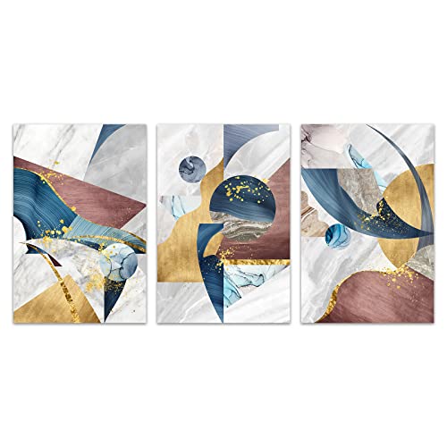 Image of Blue Golden Wall Art Modern Geometric Picture Red Blue and Gold Wall Art Modern Abstract Painting Red White and Blue Pictures Abstract Geometric Canvas Wall Art for Living Room Bedroom 16x24inx3 No Frame
