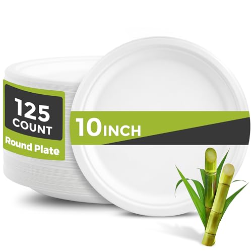 XH.Easy Go - Platos de papel de 10 pulgadas, 100% compostables, platos desechables resistentes a granel [Paquete de 125], hechos de fibras naturales de caña de...