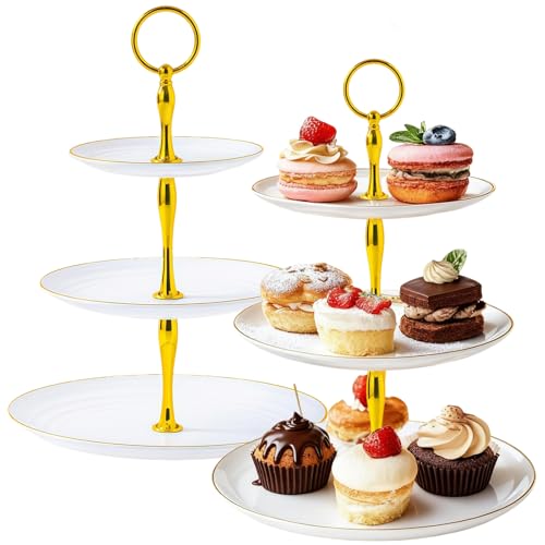 Présentoir à Gâteaux 3 Étagères (2 Pièces) - Plateau à Desserts Blanc pour Réceptions, Mariage, Fêtes & Goûters - Support pour Cupcakes, Bonbons,...