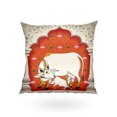 Image of SCPmarts Pichwai Printed Satin Cushion Covers Set of 5 - 16x16 Inch Square Decorative Throw Pillow Covers for Sofa, Living Room, Bedroom & Home Decor (Cow)