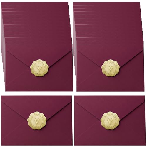 RhiVrillion Lot de 24 Enveloppes Vintage Rouge Vin + 24 Sceaux Adhésifs Dorés – Enveloppe Faire Part Mariage – Idéal pour Lettres d’Amour, Cartes Postales, Cadeaux