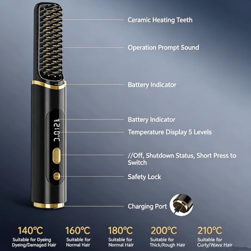 Cordless Hair Straightener Brush, 2-in-1 Flat Iron & Comb, Ceramic Anti-Scald, 5 Temp Settings (140-210℃), NTC Smart Control, Type-C Rechargeable, 60-Min Battery, Travel-Friendly for All Hair - Image 4