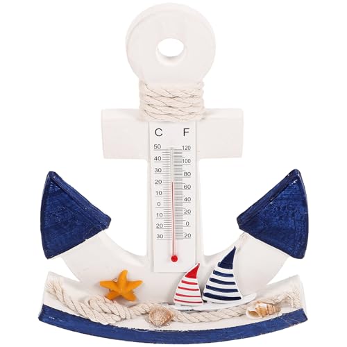 RORPOIR Wooden Anchor Ornament with Thermometer Mediterranean Style Nautical Home Decor for Indoor Outdoor Use Seaside Themed Decoration